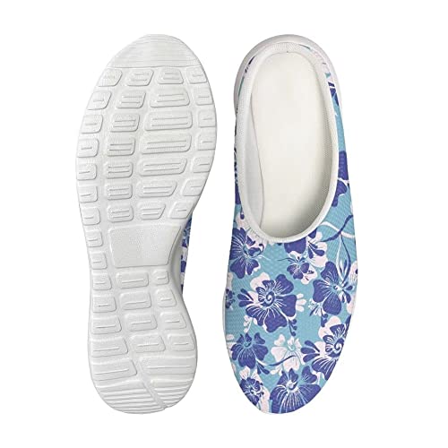 GIFTPUZZ Womens Backless Sneakers Mesh Slip-on Shoes Breathable Slippers Lightweight Daily Shoes Beach Aqua Footwear Athletic Sports Shoes (Blue Flower) 11