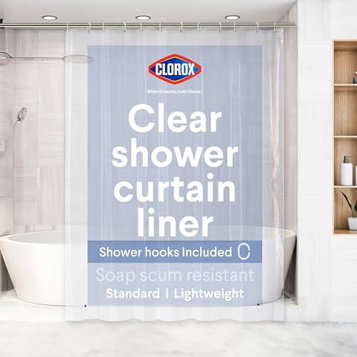Clorox Shower Curtain Liner & Hooks Premium Lightweight Flexible Waterproof 4g PEVA for Bathroom with Weighted Magnets Standard Size 70 x 72 Clear 1 Pack