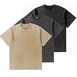 Men’s Oversized T-Shirt,Pack of 3, Men's Basic Cotton T-Shirt Summer，Retro Washed Top, Unisex Fashion, Hip Hop Vintage Casual Tee Shirts Black Gray Khaki XL