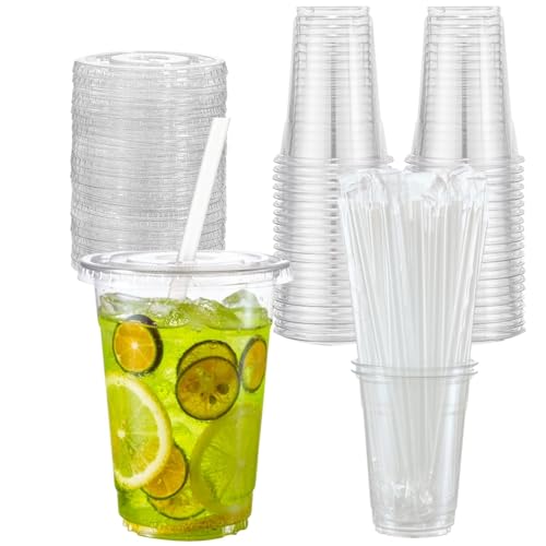Artsotroly 16 oz Clear Plastic Cups with Lids and Straws Disposable Drinking Cups for Cold Drinks Iced Coffee Milkshakes Smoothies 25 Sets