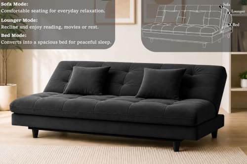 Image of Los Angeles Modern Convertible Futon Sofa Bed, Tufted Upholstered Folding Couch with Adjustable Backrest, Space Saving Sleeper Sofa for Living Room, Apartment, Office, Dorm & Guest Room - Black