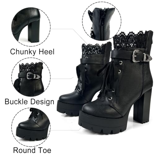 Image of FOREADA Goth Platform Heel Combat Boots Women Pearl Lace Victorian Booties