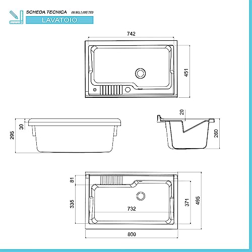 Inbagno Lavatoio con mobile 80x50 cm grigio calce con 2 ante, vaschetta in resina con piletta e sifone incluso, MOON - 4