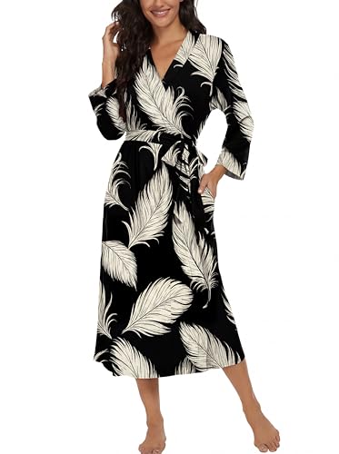 Image of VINTATRE Robes for Women Long Knit Bathrobe XS-4XL | 3 /4 Sleeve Bathrobes with Pockets, Stretchy and Lightweight Fabric, Inner Tie and Fixed Outer Matching Belt, Mid Calf Length
