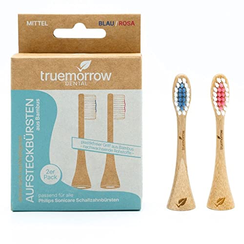 truemorrow Nachhaltige Aufsteckbürsten aus Bambus für Philips Sonicare Schallzahnbürsten 2er Pack | plastikfreier, biologisch abbaubarer Griff | vegan und klimaneutral | Mittlere Borsten, Blau Rosa Cover