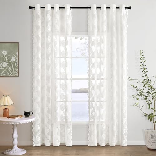 MIULEE Set de 2 Rideaux en Dentelle à Œillets - Ajouré avec Motif de Feuilles Style Vintage pour Salon et Chambre - Décoratifs, 2X H225 x L150 cm, Blanc