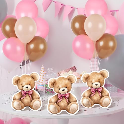Image of 6 Sets Bear Baby Shower Balloon Stand Kit for Table Girl Baby Shower with Balloon Ornament for Pink Bear Theme Gender Reveal Birthday Party Table Decoration Supplies