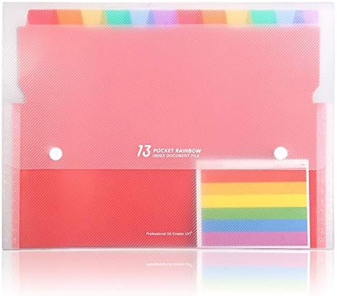 HJSMing 13 Pockets Portable File Folders/Rainbow Folder Organizer/Expandable Plastic Folders/A4 Letter Size File Organizer with Buttons-for School Office Supplies