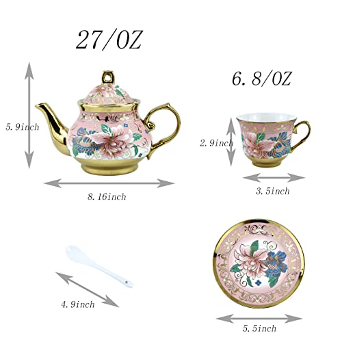 20 Pieces Porcelain Tea Set With Metal Holder, European Ceramic Tea Set For Adults,Flower Tea Set,Tea Set For Women With Flower Painting (Large Version, Pink) #TOP4