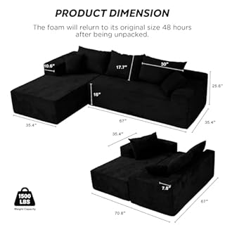 Black Sectional Couches for Living Room, Boneless Couch with L-Shape Chaise, Modular Sofa in Box with Deep Seat, No Assembly Required