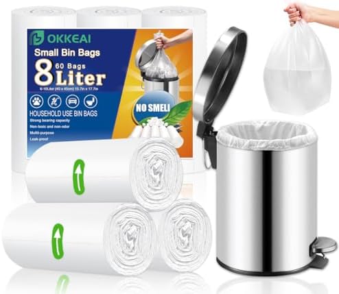 OKKEAI White Bin Bags 15l Waste Paper Bin Liners Pedal 100 Counts Small Plastic Rubbish/Trash/Garbage Bags for Bathroom,Kitchen,Toilet,Office