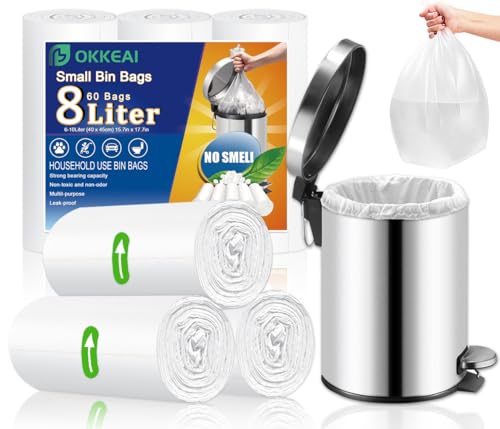 OKKEAI Small Pedal Bin Liners Bathroom Bin Bags White Garbage Bags 8l Rubbish Bags Plastic Waste Bags Clear Trash Bags for Toilet,Office Fit 6L,7L,8L,9L,10L Caddy Bags