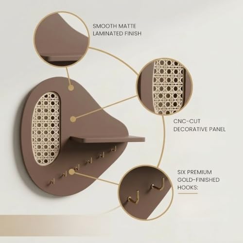 Image of Home Sparkle Wall Mounted Key Holder with Shelf & 6 Hooks | MDF Wood | Modern Entryway Key Organizer for Home Entrance, Keys, Wallet & Sunglasses