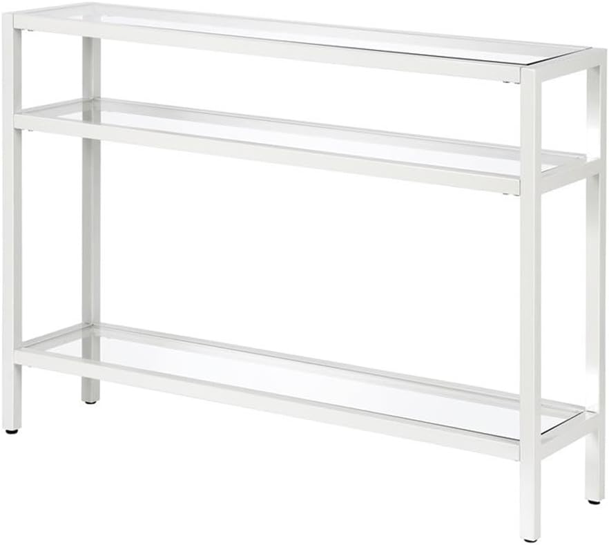 Pemberly Row Traditional Console Table, 42" Wide, Metal Frame with White Finish, Tempered Glass Top, 3 Shelves, Modern Industrial Style, Entryway or Sofa Table for Living Room Decor