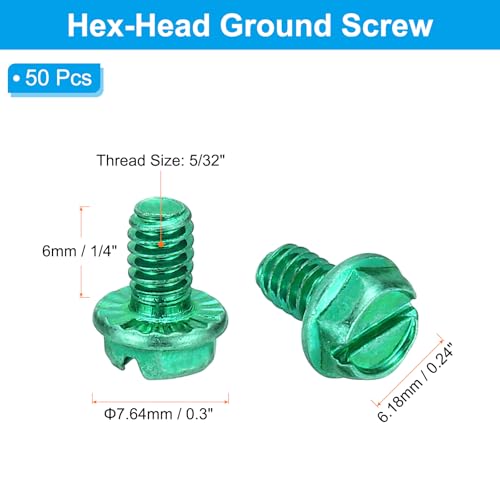 Image of PATIKIL 5 /32 x 1 /4 Inch Thread Ground Screws, 50 Pack Green Electrical Grounding Screw Slotted Hex Head Flanged for Home Electrical Lamp