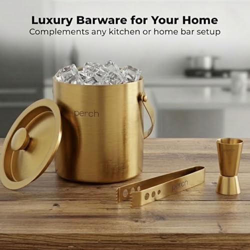 Image of O' Holic by Perch Ice Bucket Trio Stainless Steel - Double Wall Ice Bucket 1.5 Litre with Lid, Ice Tongs & 30 /60 ml Jigger | Insulated Cocktail Barware for Home, Parties & Gifting|Golden