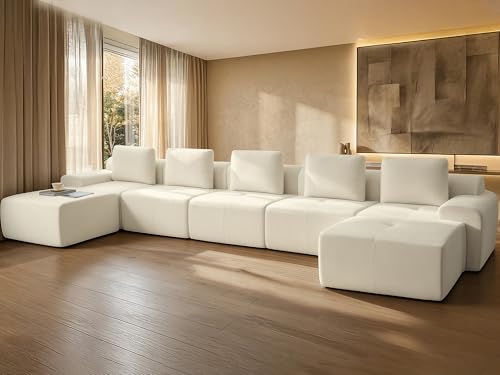 Image of 196 inch U Shaped Oversized Boneless Couch, Comfort Cloud Sectional Couches for Living Room, Modular Sofa High Back & Extra Deep Seat, No Assembly, Chenille(Warm White, 196 inch-U Shaped(5+2))