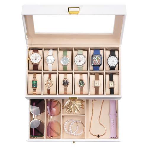 ProCase Watch Box, 12 Slot Mens Watch Case With Drawer, 2-Layer Watch Display Case With Glass Lid, Mens Jewelry Box Storage Holder Organizer, Birthday