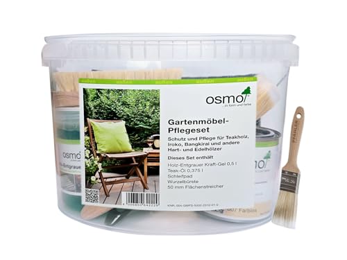 Osmo Gartenmöbel Pflegeset Holz-Entgrauer 500 ml Teak-Öl 007 0,375 l Schleifvlies Wurzelbürste Flächenstreicher 50 mm PFAHLER-Pinsel