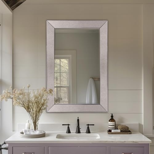 Howard Elliott Collection Antoni Full Length Rectangular Wall Mirror, Antiqued Smokey Gray Wood Frame Vanity Mirror with Beveled Glass for Living Room, Bedroom, Entryway & Home Decor, 36 x 24 Inch