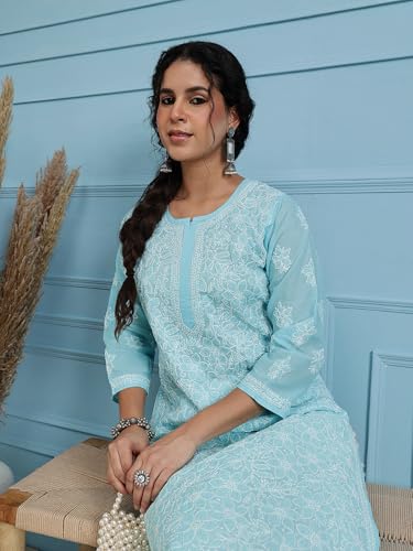 Image of Ada Women's Cotton Straight Fit Straight Hand Embroidered Lucknowi Chikankari Kurta Kurti A411165