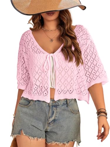 Image of Women's Plus Size Crochet Cardigan Crop Short Sleeves Tie Front Lightweight Knitwear