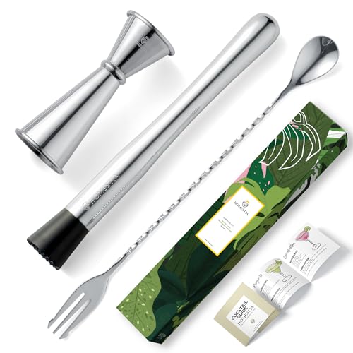 Homestia 3 Pcs Muddler for Cocktails Set, 10'' Muddler, 12'' Cocktail Spoon & 1 OZ/2 OZ Double Jigger Mixing Tool Set, Stainless Steel Silver Bar Tool Set for Beverages Drinks Mixing Home Bar