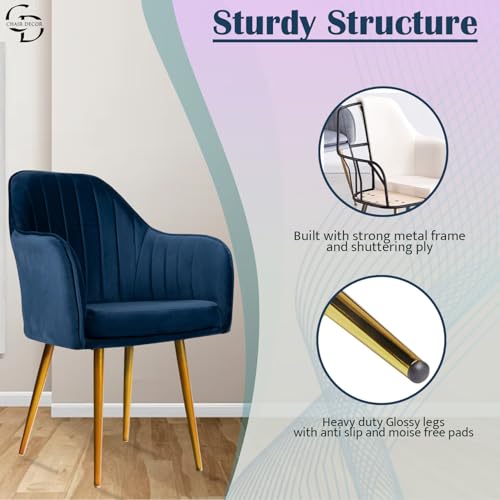 Image of Velvet Accent Chair | Luxury Upholstered Armchair with Sturdy Metal Legs | Modern Comfortable Chair for Living Room, Bedroom, Office, or Cafe (Golden Legs, Blue Set of 2)