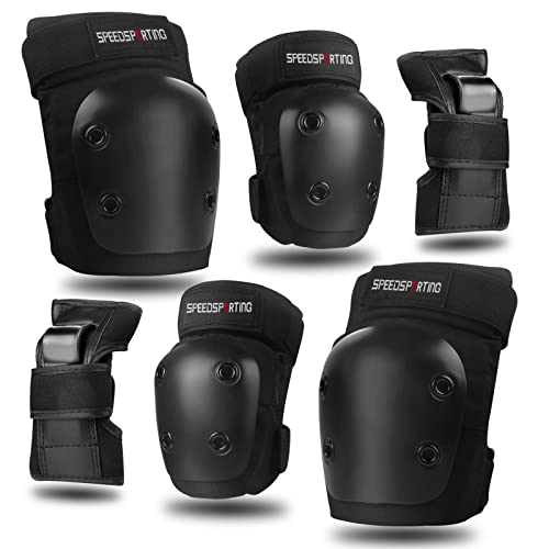 SPEEDSPORTING Protektoren Set, 6 in 1 Profi Schutzausrüstung für Kinder & Erwachsene - Verstellbar Knieschoner Ellenbogenschützer Handgelenkschoner für Inliner Skaten Roller Skateboard (XL) Cover