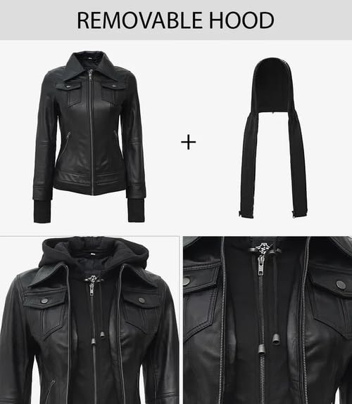 Decrum Hooded Leather Jacket Women - Real Lambskin Leather Bomber Jacket Women with Detachable Hood: Black - Betty Leather Jacket With Hood Small