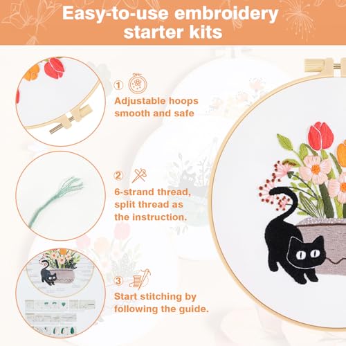 Image of RidaaFri Embroidery Kit for Beginners, Set of 3 Stamped DIY Kits with Cat, Floral, Plant Patterns for Adults, Includes Hoop, Needles, Floss, Step-by-Step Video Tutorial, Complete Sewing Craft Supplies