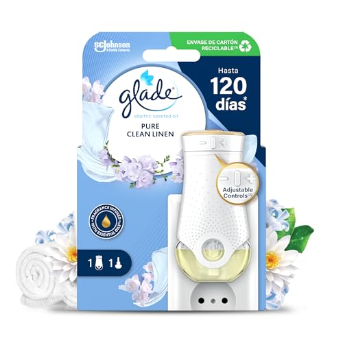Glade Ambientador Eléctrico Líquido Regulable Clean Linen, Dura Hasta 120 Días, con Aceites Esenciales, 1 Difusor + 1 Recambio