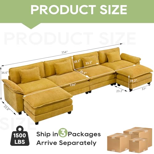 Image of Oprisen 154 inch Modular Sectional Sofa, Comfy Cloud Couch Sectional Sofa with Ottoman, Chenille Sofa Sleeper Deep Seat Sofa with Throw Pillows for Living Room (Yellow, 154 inch- U Shape)