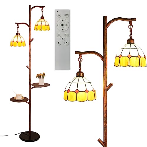 beaysyty Tiffany Style Stained Glass Retro Floor Lamp with Tray, Dimmable Floor Lamps, Custom Color Temperature Standing Lamp for Living Room and Bedroom,Painted Red Copper