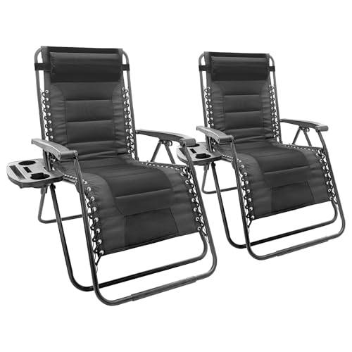 Harbour Housewares Padded Zero Gravity Chair Set with Cup and Phone Holder - 110KG Load Capacity - Black - 2 Piece Heavy-Duty Reclining Folding Outdoor Garden Camping Patio Beach Loungers Set