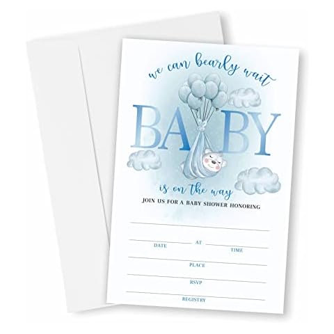 Bear Ballons Baby Shower Invitation , Blue Baby Shower Invites Decorations , Gender Reveal Party and Events Supplies, 25 Fill-in Invites Cards with Matching Envelopes(YQK-001) Cover