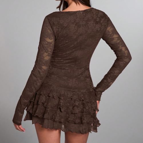 Women Boat Neck Floral Lace Ruffle Hem Layered Mini Dress Slim Fit Long Sleeve Party Cocktail A-Line Short Dress3