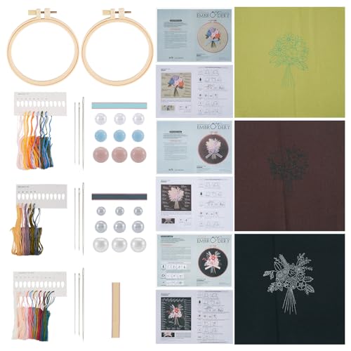 Image of Magibeads 3 Sets Bouquet Flowers Embroidery Kit Floral Embroidery Patterns Water Soluble Easy Cross Stitch Starter Kit Stick and Stitch Hobbies for Beginners Adults Sewing Gifts
