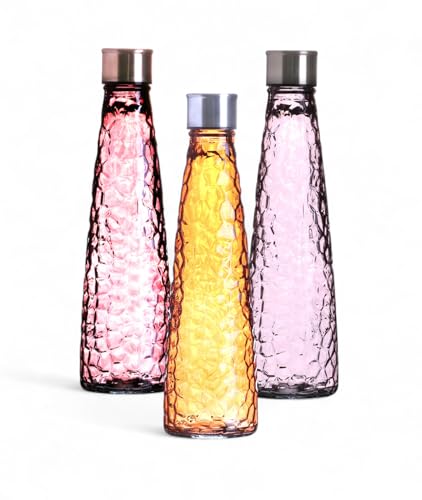 3er-Ser Vintage Glas-Wasserflasche 750ml – Diamantstruktur – Bunte Glasflaschen mit Schraubdeckel – Flasche, Karaffe für Wasser, Saft & Getränke – Pastellfarben (Diamant violettgrau, lila, orange)