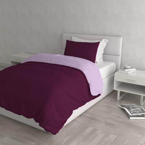Italian Bed Linen CP-NC-lilla/prugna-1P Natural Color housse de couette double-face couleur unie avec taies d'oreiller, 100 % Coton, Lilas/Prune, single