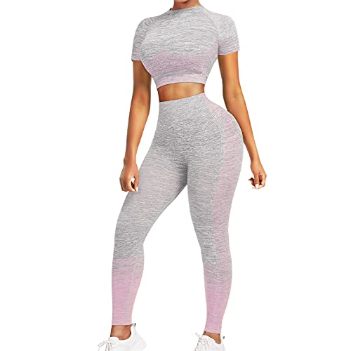 Joymode Women's Workout Sets 2 Piece High Waist Seamless Legging Crop Top Yoga Outfit, C-Pink, Medium #TOP4