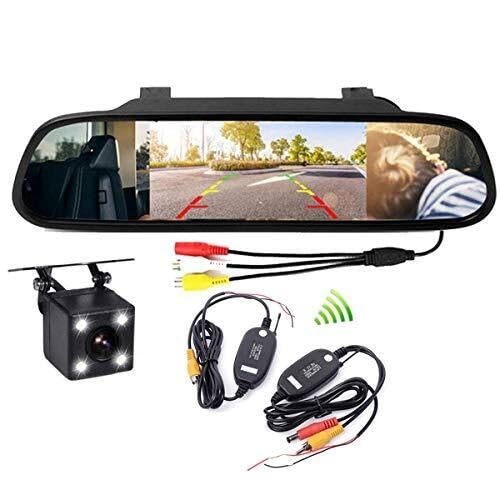 caméra de recul Moniteur De RéTroviseur Stationnement Automatique 4,3 Pouces + CaméRa Recul Ccd À Vision Nocturne À 4 LED avec Kit ÉMetteur-RéCepteur sans Fil Sauvegarder