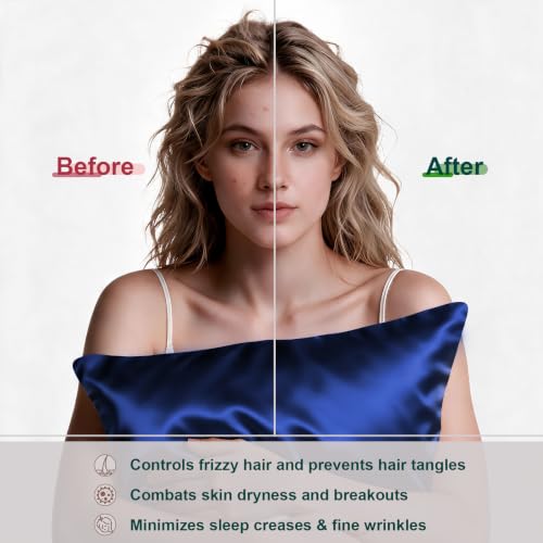 Image of LYSHIN Silk Pillow Cases 2 Pack Queen Size with Zipper, Royal Blue | 19 Momme Mulberry Silk Pillowcase for Skin and Hair, Anti-Acne, Hypoallergenic, Cooling, Beauty Sleep, Gifts for Women