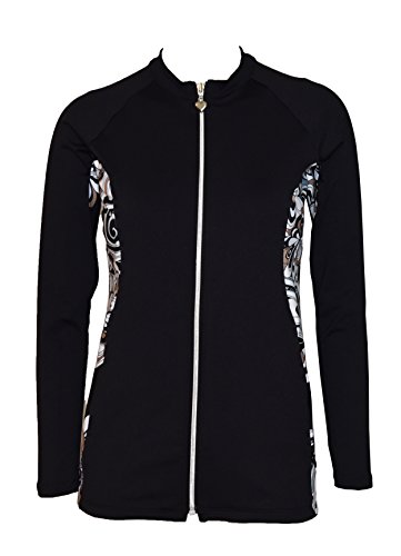 Private Island Women UPF 50+ Rash Guard Front Zip Up UV Long Sleeve Swimsuit Top (M, BwP)