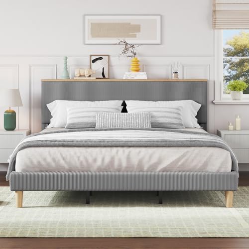 Image of Bestier King Bed Frame with Storage Headboard & LED, Light Grey