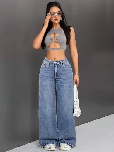 Image of KOTTY Women's High Waist Wide Leg Jeans | Relaxed Fit Comfortable Denim Pants for Women