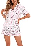 LUBOT 100% Cotton Women's Pajamas Set Short Sleeve Button-Down Shirt PJ 2 Piece Set Printed Patterned Summer Night Suit Sleepwear Loungewear (Heart, M)
