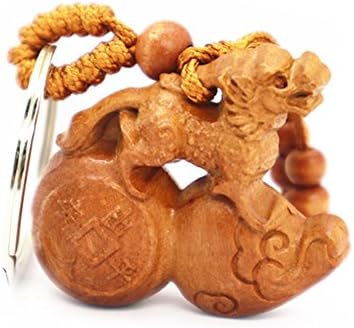 Feng Shui Pi Xiu Stand On Wu Lu Key Chain Wood Carved Keyring Charm Purse Backpack Pendant Amulet for Men and Women Sympole of Chance and Protection +Handmade Adjustable Luck Red String Bracelet