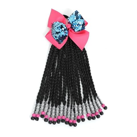 Kids Hair Accessories For Girls Kids Braided Ponytail Extension With Beads Braids Hair Extensions For Kids Pony Beads Synthetic Crochet Braids Hair(Transparent&Rose Red&Black, 9 Inch) Cover