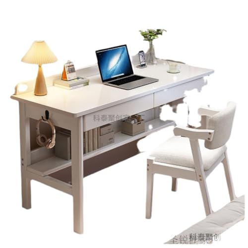 【Zeusom】デスク パソコンデスク ライティングデスク 食卓 天然木 引き出し付き 側面フック付き 天板ガード 下棚 コンパクト 安全仕上げ 学習用 オフィス用 ベッドルーム用 書斎用 リービング用 使いやすい 日常使用(80*60cm,ホワイト)